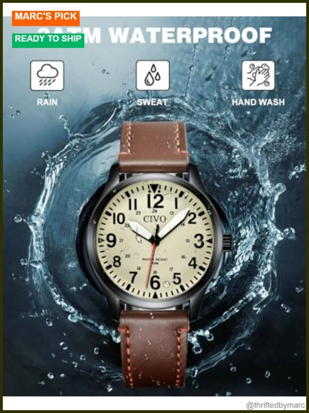 Men's Military Analog Quartz Wrist Watch Waterproof Leather Strap Luminous